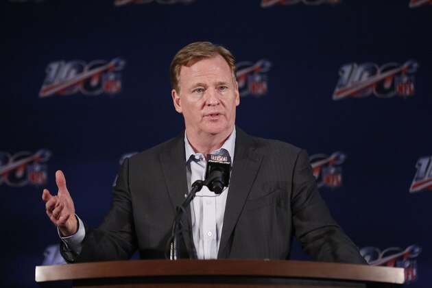 FILE - In this May 22, 2019, file photo, NFL Commissioner Roger Goodell speaks to the media during the NFL football owners meeting in Key Biscayne, Fla. Goodell wonâ€™t be sharing hugs with Joe Burrow or Chase Young or any of the other 32 first-rounders in the 2020 NFL Draft. He will offer congratulations remotely but otherwise this will be the barest of drafts. (AP Photo/Brynn Anderson, File)