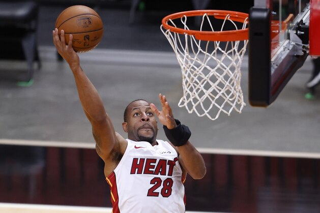 Miami Heat forward Andre Iguodala (28) goes to the basket against the Indiana Pacers during the second half of an NBA basketball game, Sunday, March. 21, 2021, in Miami. (AP Photo/Joel Auerbach) Miami Heat forward Andre Iguodala (28) goes to the basket against the Indiana Pacers during the second half of an NBA basketball game, Sunday, March. 21, 2021, in Miami. (AP Photo/Joel Auerbach)