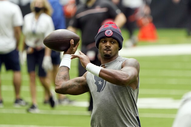 Houston Texans quarterback Deshaun Watson warms up before an NFL football game against the Cincinnati Bengals Sunday, Dec. 27, 2020, in Houston. (AP Photo/Eric Christian Smith)