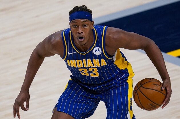 Indiana Pacers center Myles Turner (33) plays against the Chicago Bulls during the second half of an NBA basketball game in Indianapolis, Monday, Feb. 15, 2021. (AP Photo/Michael Conroy)