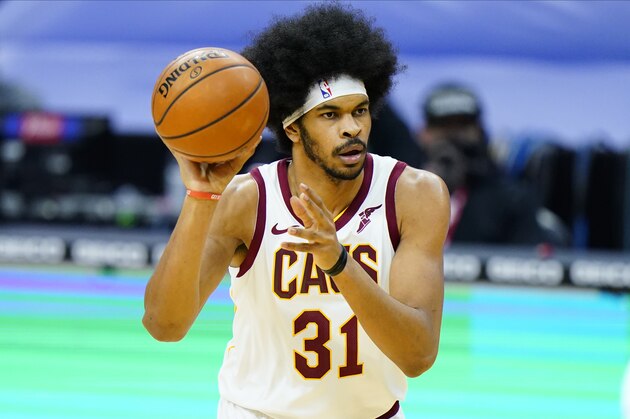 Cleveland Cavaliers' Jarrett Allen plays during an NBA basketball game against the Philadelphia 76ers, Saturday, Feb. 27, 2021, in Philadelphia. (AP Photo/Matt Slocum)