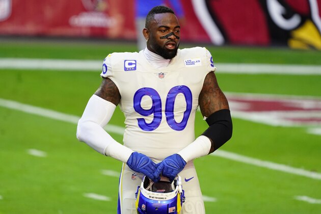 Los Angeles Rams defensive end Michael Brockers (90) prior to an NFL football game against the Arizona Cardinals, Sunday, Dec. 6, 2020, in Glendale, Ariz. (AP Photo/Rick Scuteri)