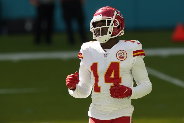 Kansas City Chiefs wide receiver Sammy Watkins (14) warms up before an NFL football game against the Miami Dolphins, Sunday, Dec. 13, 2020, in Miami Gardens, Fla. (AP Photo/Lynne Sladky)