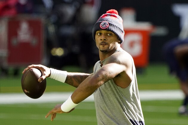 Houston Texans quarterback Deshaun Watson warms up beforean NFL football game against the Tennessee Titans Sunday, Jan. 3, 2021, in Houston. (AP Photo/Eric Christian Smith)