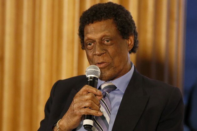 NBA Hall of Fame and former player, Elgin Baylor speaks at an event before an NBA basketball game between the Los Angeles Clippers and the Dallas Mavericks in Los Angeles, Monday, Feb. 25, 2019. (AP Photo/Alex Gallardo)