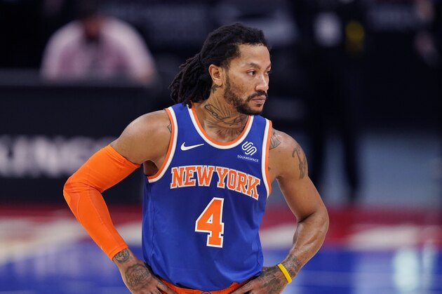 New York Knicks guard Derrick Rose plays during the second half of an NBA basketball game, Sunday, Feb. 28, 2021, in Detroit. (AP Photo/Carlos Osorio)