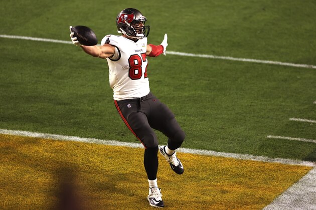 Tampa Bay Buccaneers' Rob Gronkowski reacts as he scores a touchdown during the first half of the NFL Super Bowl 55 football game against the Kansas City Chiefs, Sunday, Feb. 7, 2021, in Tampa, Fla. (AP Photo/Mark LoMoglio)