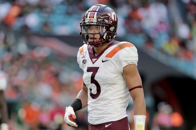 Virginia Tech defensive back Caleb Farley (3) lines up during the first half of an NCAA college football game against Miami, Saturday, Oct. 5, 2019, in Miami Gardens, Fla. (AP Photo/Lynne Sladky)