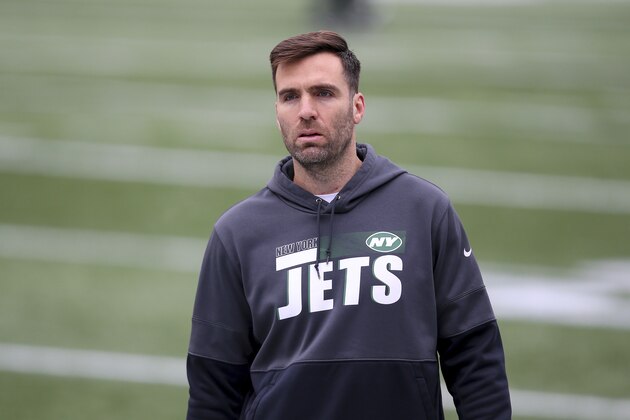New York Jets quarterback Joe Flacco (5) prior to an NFL football game against the New England Patriots, Sunday, Jan. 3, 2021, in Foxborough, Mass. (AP Photo/Stew Milne)