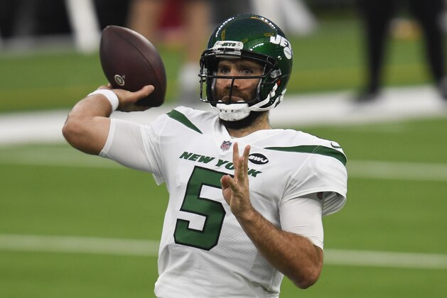 New York Jets quarterback Joe Flacco (5) during the second half of an NFL football game against the Los Angeles Chargers Sunday, Nov. 22, 2020, in Inglewood, Calif. (AP Photo/Kyusung Gong)