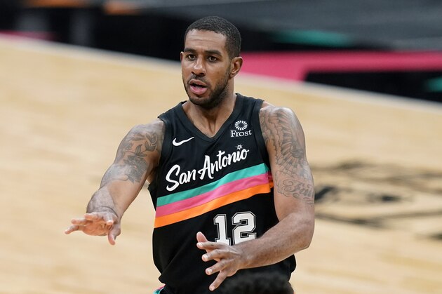 San Antonio Spurs center LaMarcus Aldridge (12) during the first half of an NBA basketball game against the Dallas Mavericks in San Antonio, Friday, Jan. 22, 2021. (AP Photo/Eric Gay)