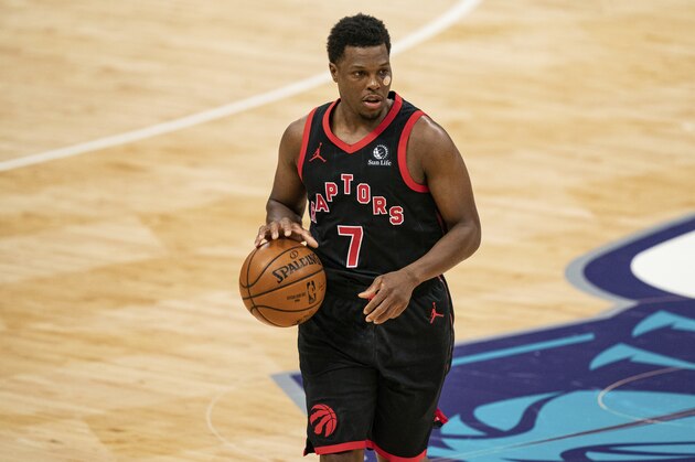 Toronto Raptors guard Kyle Lowry (7) brings the ball up court against the Charlotte Hornets during the second half of an NBA basketball game in Charlotte, N.C., Saturday, March 13, 2021. (AP Photo/Jacob Kupferman)