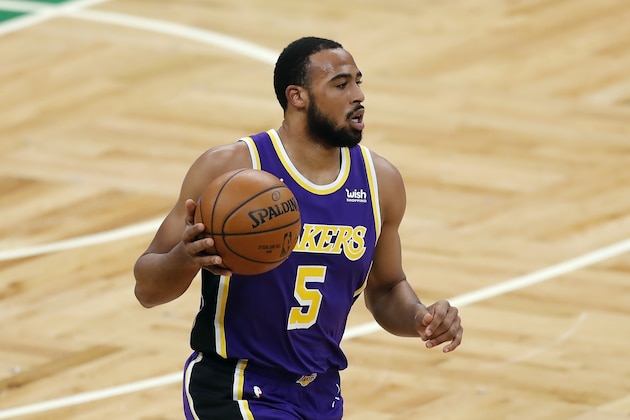 Los Angeles Lakers' Talen Horton-Tucker plays against the Boston Celtics during the first half of an NBA basketball game, Saturday, Jan. 30, 2021, in Boston. (AP Photo/Michael Dwyer)