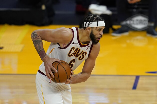 Cleveland Cavaliers center JaVale McGee against the Golden State Warriors during an NBA basketball game in San Francisco, Monday, Feb. 15, 2021. (AP Photo/Jeff Chiu)