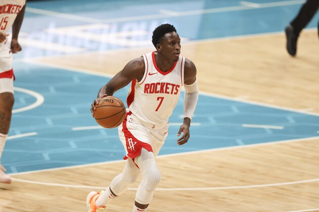 Houston Rockets guard Victor Oladipo (7) brings the ball up court against the Charlotte Hornets in the first half of an NBA basketball game in Charlotte, N.C., Monday, Feb. 8, 2021. (AP Photo/Nell Redmond)