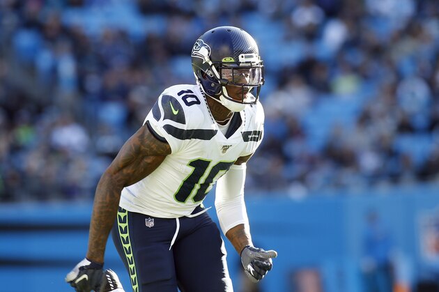 Seattle Seahawks wide receiver Josh Gordon (10) sets up against the Carolina Panthers during the second half of an NFL football game in Charlotte, N.C., Sunday, Dec. 15, 2019. (AP Photo/Brian Blanco)