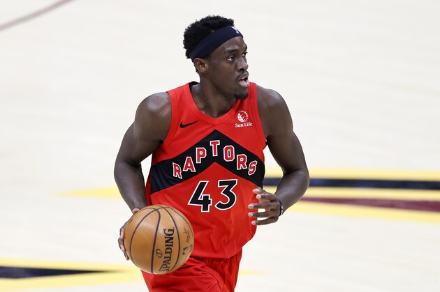 Toronto Raptors' Pascal Siakam (43) dribbles against the Cleveland Cavaliers in the second half of an NBA basketball game, Sunday, March 21, 2021, in Cleveland. (AP Photo/Ron Schwane)