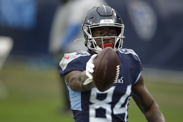 Tennessee Titans wide receiver Corey Davis celebrates after scoring against the Detroit Lions during the first half of an NFL football game Sunday, Dec. 20, 2020, in Nashville, N.C. (AP Photo/Ben Margot)