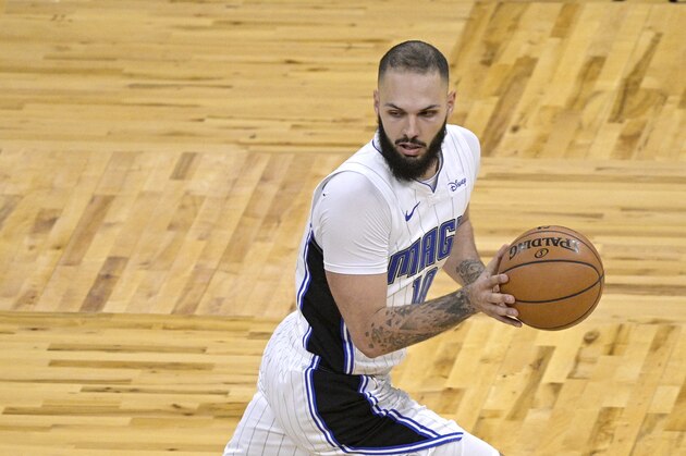 Orlando Magic guard Evan Fournier (10) steals the ball from New York Knicks guard Immanuel Quickley during the second half of an NBA basketball game, Wednesday, Feb. 17, 2021, in Orlando, Fla. (AP Photo/Phelan M. Ebenhack)