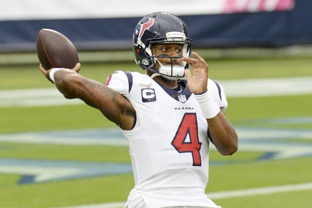 Houston Texans quarterback Deshaun Watson warms up before an NFL football game against the Tennessee Titans Sunday, Oct. 18, 2020, in Nashville, Tenn. (AP Photo/Mark Zaleski) Houston Texans quarterback Deshaun Watson warms up before an NFL football game against the Tennessee Titans Sunday, Oct. 18, 2020, in Nashville, Tenn. (AP Photo/Mark Zaleski)