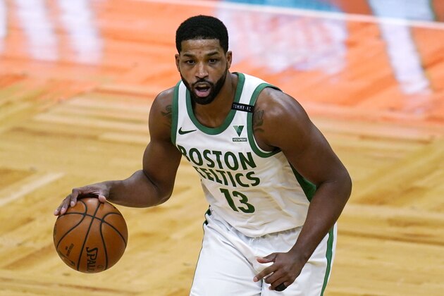 Boston Celtics forward Tristan Thompson (13) during the second half of an NBA basketball game, Thursday, March 4, 2021, in Boston. (AP Photo/Charles Krupa)