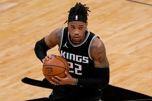 Sacramento Kings center Richaun Holmes during the second half of an NBA basketball game against the Denver Nuggets in Sacramento, Calif., Saturday Feb. 6, 2021. The Kings won 119-114. (AP Photo/Rich Pedroncelli)