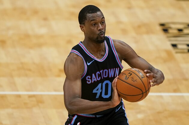 Sacramento Kings forward Harrison Barnes plays against the Charlotte Hornets during the first half of an NBA basketball game on Monday, March 15, 2021, in Charlotte, N.C.(AP Photo/Chris Carlson)