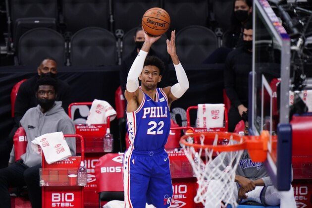 Philadelphia 76ers' Matisse Thybulle plays during an NBA basketball game against the Sacramento Kings, Saturday, March 20, 2021, in Philadelphia. (AP Photo/Matt Slocum)