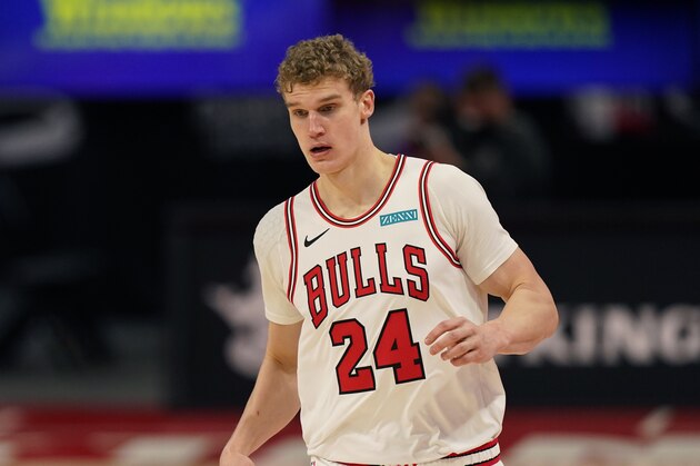 Chicago Bulls forward Lauri Markkanen plays during the first half of an NBA basketball game, Sunday, March 21, 2021, in Detroit. (AP Photo/Carlos Osorio)