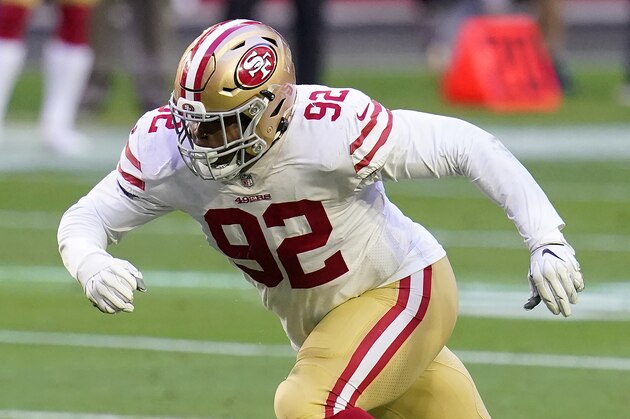San Francisco 49ers defensive end Kerry Hyder (92) against the Arizona Cardinals during the first half of an NFL football game, Saturday, Dec. 26, 2020, in Glendale, Ariz. (AP Photo/Ross D. Franklin)