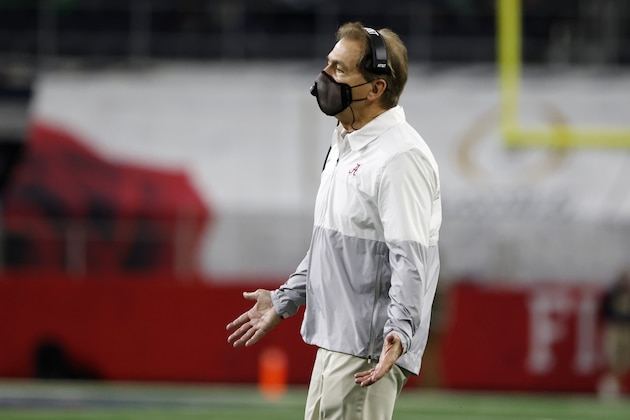 Alabama head coach Nick Saban gestures as he watches play against Notre Dame in the first half of the Rose Bowl NCAA college football game in Arlington, Texas, Friday, Jan. 1, 2021. (AP Photo/Michael Ainsworth)