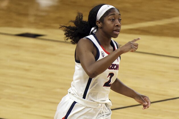 Arizona guard Aari McDonald (2) runs up the court during the second half of the team's NCAA college basketball game against Washington State in the second round of the Pac-12 women's tournament Thursday, March 4, 2021, in Las Vegas. (AP Photo/Isaac Brekken)