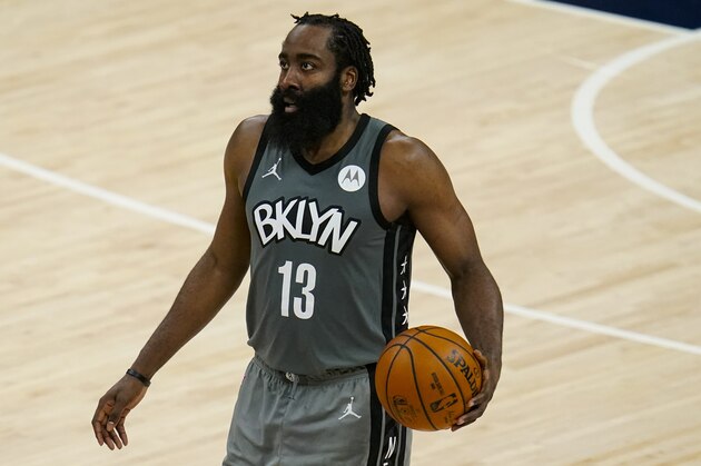 Brooklyn Nets guard James Harden (13) plays against the against the Indiana Pacers during the second half of an NBA basketball game in Indianapolis, Wednesday, March 17, 2021. (AP Photo/Michael Conroy)