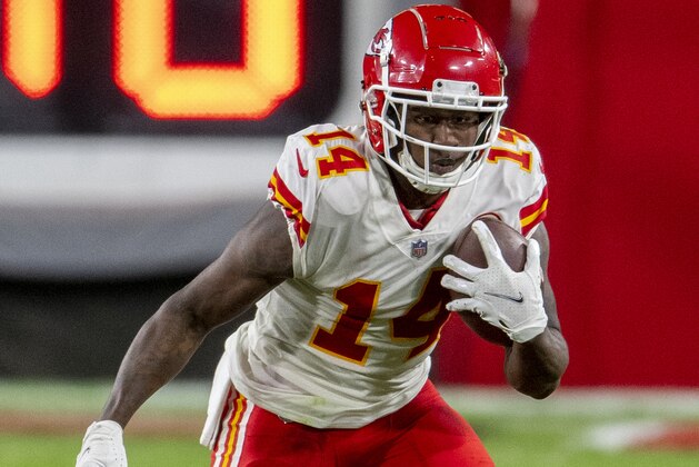 Kansas City Chiefs wide receiver Sammy Watkins (14) runs with the ball against the Tampa Bay Buccaneers during an NFL football game, Sunday, Nov. 29, 2020, in Tampa, Fla. (AP Photo/Doug Murray)