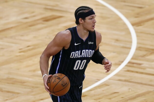 Orlando Magic's Aaron Gordon plays against the Boston Celtics during the second half on an NBA basketball game, Sunday, March 21, 2021, in Boston. (AP Photo/Michael Dwyer)