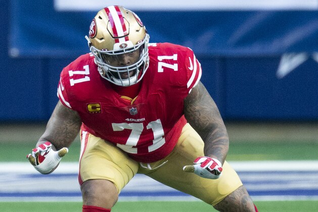 San Francisco 49ers offensive tackle Trent Williams (71) blocks during an NFL football game against the Dallas Cowboys, Sunday, Dec. 20, 2020, in Arlington, Texas. (AP Photo/Brandon Wade)