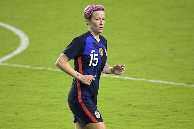 United States forward Megan Rapinoe (15) follows a play during the second half of a SheBelieves Cup women's soccer match against Argentina, Wednesday, Feb. 24, 2021, in Orlando, Fla. (AP Photo/Phelan M. Ebenhack)