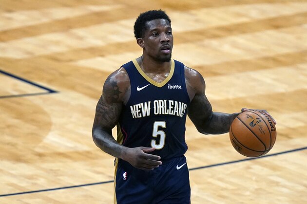New Orleans Pelicans guard Eric Bledsoe (5) moves the ball up court in the first half of an NBA basketball game against the Chicago Bulls in New Orleans, Wednesday, March 3, 2021. (AP Photo/Gerald Herbert)
