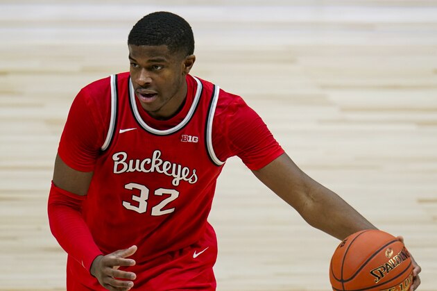 Ohio State forward E.J. Liddell (32) plays against Illinois in an NCAA college basketball championship game at the Big Ten Conference tournament in Indianapolis, Sunday, March 14, 2021. (AP Photo/Michael Conroy)