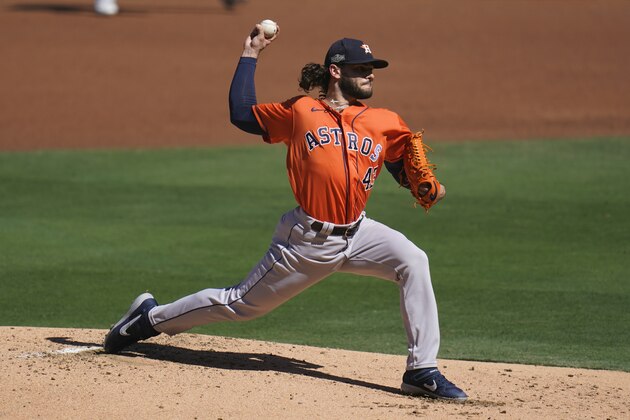 Houston Astros starting pitcher Lance McCullers Jr. throws during the first inning in Game 2 of a baseball American League Championship Series against the Tampa Bay Rays, Monday, Oct. 12, 2020, in San Diego. (AP Photo/Gregory Bull)