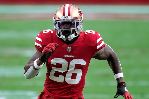 San Francisco 49ers running back Tevin Coleman (26) against the Washington Football Team during the first half of an NFL football game, Sunday, Dec. 13, 2020, in Glendale, Ariz. (AP Photo/Ross D. Franklin)
