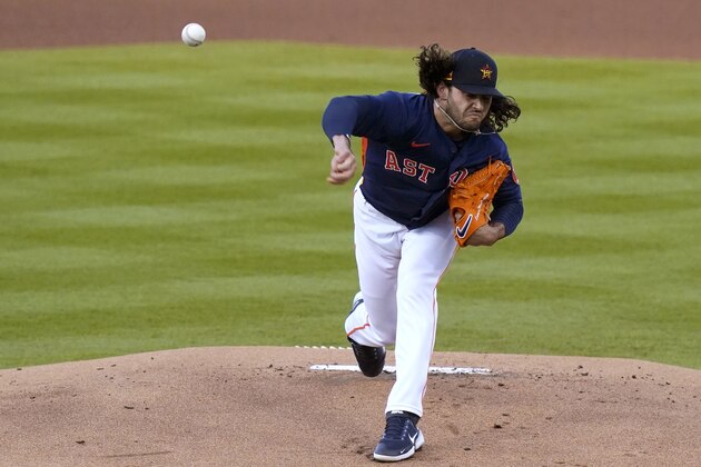 Houston Astros starting pitcher Lance McCullers Jr. throws during the first inning of a spring training baseball game against the Washington Nationals, Tuesday, March 9, 2021, in West Palm Beach, Fla. (AP Photo/Lynne Sladky)