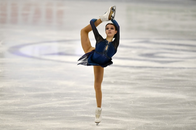 Russian skater Anna Shcherbakova performs during the Ladies Short Program at the Figure Skating World Championships in Stockholm, Sweden, Wednesday, March 24, 2021. (AP Photo/Martin Meissner)