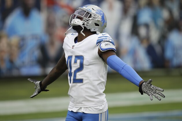 Detroit Lions safety Jayron Kearse warms up before an NFL football game against the Tennessee Titans Sunday, Dec. 20, 2020, in Nashville, Tenn. (AP Photo/Ben Margot)