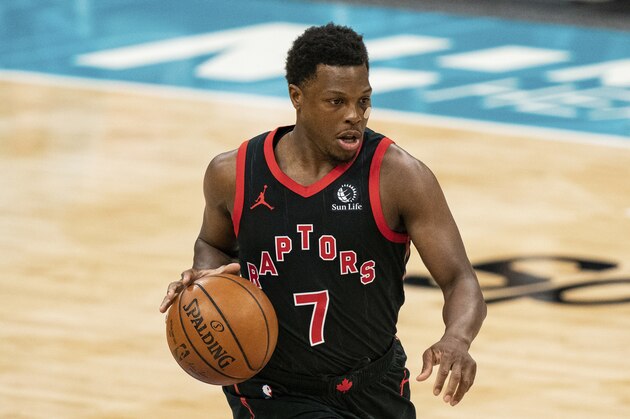 Toronto Raptors guard Kyle Lowry (7) brings the ball up court against the Charlotte Hornets during the second half of an NBA basketball game in Charlotte, N.C., Saturday, March 13, 2021. (AP Photo/Jacob Kupferman)