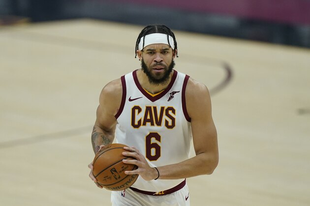 Cleveland Cavaliers' JaVale McGee drives in the first half of an NBA basketball game against the Oklahoma City Thunder, Sunday, Feb. 21, 2021, in Cleveland. (AP Photo/Tony Dejak)
