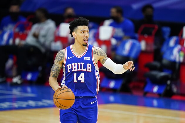 Philadelphia 76ers' Danny Green plays during an NBA basketball game against the Chicago Bulls, Friday, Feb. 19, 2021, in Philadelphia. (AP Photo/Matt Slocum)