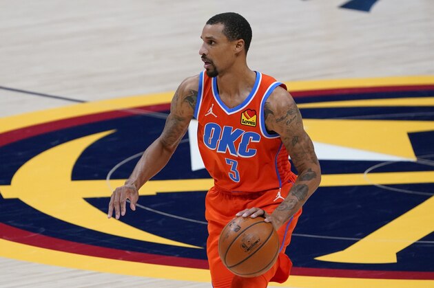 Oklahoma City Thunder guard George Hill (3) in the second half of an NBA basketball game Tuesday, Jan. 19, 2021, in Denver. (AP Photo/David Zalubowski)