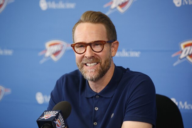 Sam Presti, Oklahoma City Thunder executive vice president and general manager, speaks during a news conference in Oklahoma City, Thursday, Sept. 26, 2019. Presti is preparing for a season without Russell Westbrook for the first time in a decade. (AP Photo/Sue Ogrocki)
