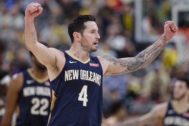 New Orleans Pelicans guard JJ Redick (4) celebrates late in the second half of the team's NBA basketball game against the Indiana Pacers in Indianapolis, Saturday, Feb. 8, 2020. The Pelicans won 124-117. (AP Photo/Michael Conroy)